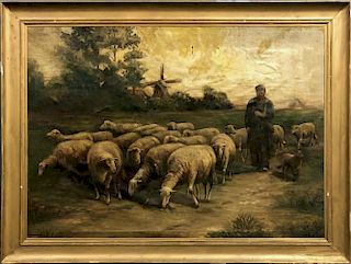 Extra Large Oil on Canvas of a Shepherd and Flock