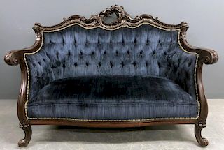 Ornate Victorian Mahogany and Blue Velvet Settee