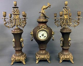 French Urn Form Dragon Clock Garniture Set