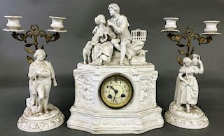 Parian Clock and Candelabra Garniture Set
