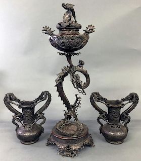 Asian Bronze Dragon Incense Burner Garniture Set