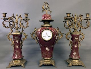 French Red Porcelain & Bronze Clock Garniture Set