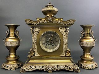 Indian Brass and White Metal Clock & Garniture Set