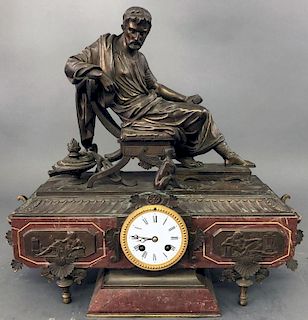 French Bronze & Marble Clock with Classical Figure