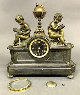 French Onyx Clock with Bronze Figures