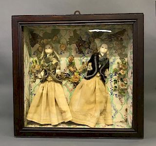 Two Victorian Wax Dolls in Shadow Box