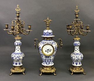 Urn Form Delft Porcelain Clock and Candelabra