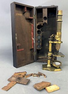 French Brass Microscope and Walnut Box