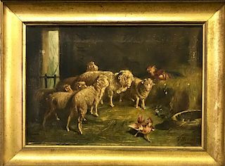 Oil on Canvas of Sheep and Chickens