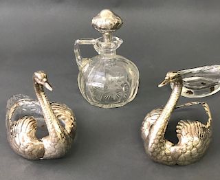 Pair of Sterling Silver and Glass Swans
