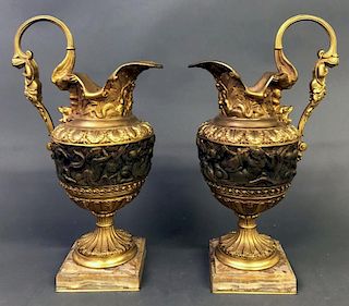 Pair of Gilt Decorated Metal Grecian Style Urns