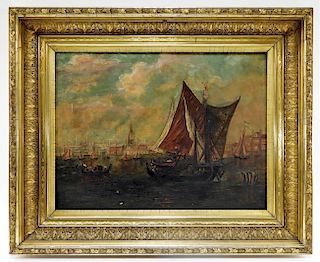 19C. American Venice Harbor Scene O/C Painting