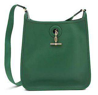 An Hermes Green Leather Vespa Handbag, 11" x 11"x 2"; Strap drop: 18.5".