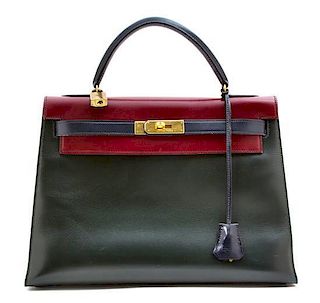 An Hermes Tricolor Box Sellier 32cm Kelly Handbag, 12.5" x 9.5" x 5"; Handle drop: 3.5".