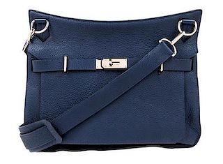 An Hermes Brighton Blue Taurillon Clemence 37cm Jypsiere Handbag, 14.5" x 11.5" x 6.3"; Strap drop: 18.5"- 22".