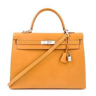 An Hermes Brick Calf Box Leather Sellier 32cm Kelly Handbag, 12.5" x 5" x 9.5"; Handle drop: 4".