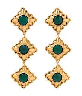 A Pair of Chanel Goldtone and Green Gripoix Earclips, 4" x 1.5".
