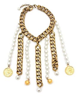 A Chanel Brushed Goldtone and Faux Pearl Necklace, Chain: 16"; Strands: 6.5" - 7.5".