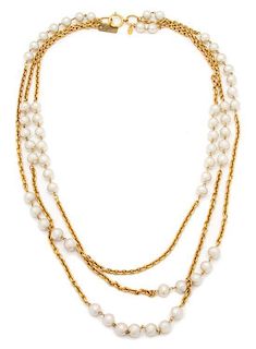 A Chanel Goldtone and Faux Pearl Triple Strand Necklace, Shortest strand: 34".