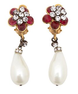 A Pair of Chanel Gripoix and Faux Pearl Floral Drop Earclips, 2.25".