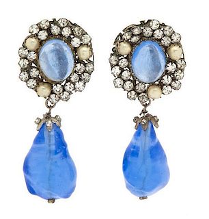 A Pair of Blue Gripoix and Rhinestone Earclips, 2" x 1".