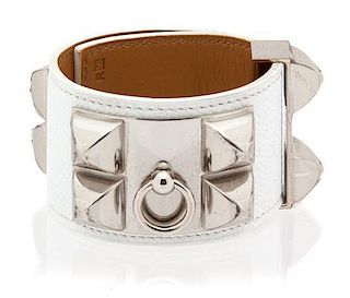 An Hermes White Epsom Leather Collier de Chien Bracelet, 8" x 1.5".