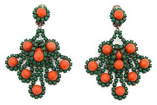 A Pair of Kenneth Jay Lane Orange and Green Drop Earclips, 3.5" x 2.5".