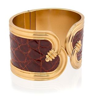 A Loewe Leather and Goldtone Demi Parure, Bracelet: 8" circumference, 2" width; Earclips: 2.5" x 2".