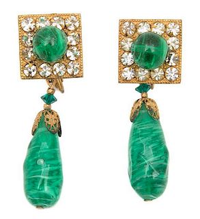 A Pair of Miriam Haskell Green Glass Drop Earclips, 2.5" x 1".