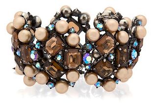 A Schiaparelli Rhinestone and Faux Pearl Bracelet, 7.5" x 1.5".