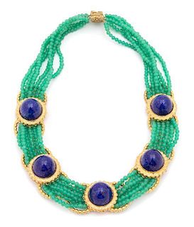 * A William de Lillo Jade Cameo Glass and Lapis Lazuli Collar Necklace, 18" x 1.5".