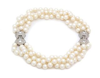 A Triple Strand Faux Pearl Demi Parure, Necklace: 22" x 1.5"; Bracelet: 8" x 1.5".