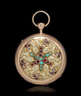 An 18 Karat Tricolor Gold and Multi Gem Open Face Quarter Repeater Pocket Watch,
