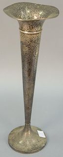 Sterling silver trumpet vase, hand hammered with weighted base. ht. 19 3/4in.