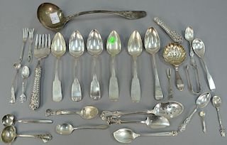 Sterling silver and coins silver lot to include spoons, forks, ladles, strainer spoon, etc. 29 weighable t. oz plus two handl