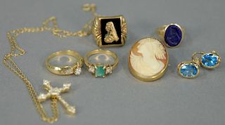 Group lot of 10K and 14K including rings, cross, earrings, and cameo. Total weight 29.2 grams (not including cameo).