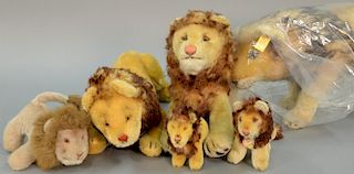 Group of six stuffed Steiff mohair lions, one movable with squeaker, Leo, Lowe, etc.