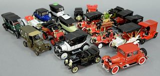 Group of twenty early 20th century model cars including red and white 1904 Cadillac Model B, green 1913 Cadillac Touring, 191