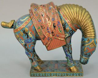 Large cloisonne horse censor having removable saddle, brass mane, and enameled base