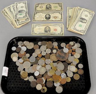Tray lot of early foreign and American money to include silver certificates, 43 $2 bills, forty-three $1bills, $50 bill 1934,