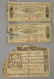 Three bank notes including Colony of New York $10 "This bill shall pay current in all payments in this colony for ten Spanish