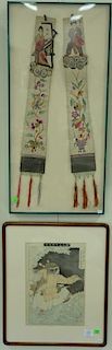 Two framed pieces including Chinese embroidered cloths (28" x 3/4") and Japanese woodblock print (14" x 19")