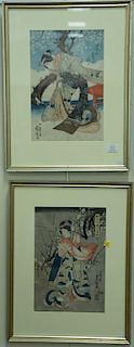 Two framed Japanese watercolors on tissue paper, Geisha amongst Blossoming Tree, both pieces sight size 14 1/2" x 9 1/4".