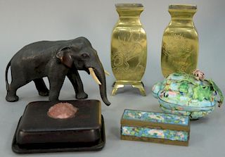 Box lot with a pair of Chinese vases, two enameled pieces, elephant, and hardstone insert on wood box.