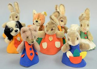 Lot of eight Steiff stuffed animals including Hide a Gift Night Cap vintage animals in red, blue, green and orange (four with