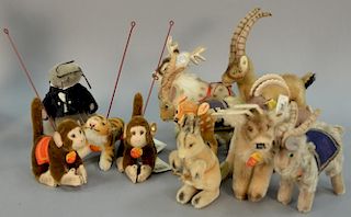 Group of twelve Steiff stuffed mohair animals to include two monkeys, tiger, two goats with Notre Dame vests, small deer, kan