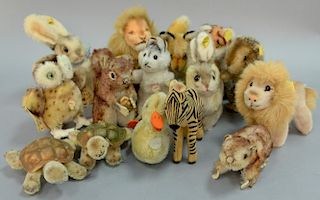 Group of fourteen vintage Steiff mohair smalls to include two rabbits with jointed heads (with ear tags), fox, owl (with all