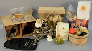 Group of eight Steiff stuffed animals in original boxes to include New Orleans band, Dromedar 2002 Set, bald eagle, fox, Ruba