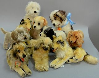 Group of ten Steiff stuffed mohair dogs including 4276/19, cocker spaniel 1968, hot dog with ear tag, dog with moveable tail,