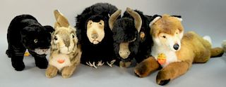 Group of five large Steiff stuffed animals including Taky Panther, Bison, Feldhase Rabbit, Molly Fuzzy Fox, and Sloth Bear.